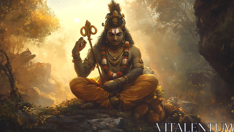 Serene forest meditation with a luminous divine presence.