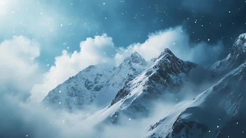 Snow-laden alpine peaks emerge through atmospheric winter haze