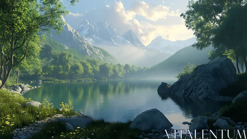 Emerald lake cradled by misty mountains and waking light.