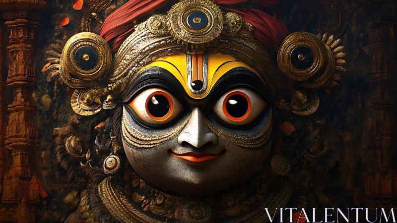 Radiant sacred face with bright eyes and golden adornment.