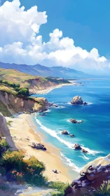 Sunlit coastal bluffs with turquoise surf and distant headlands.