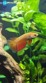 Golden betta drifting through lush green aquarium calm.