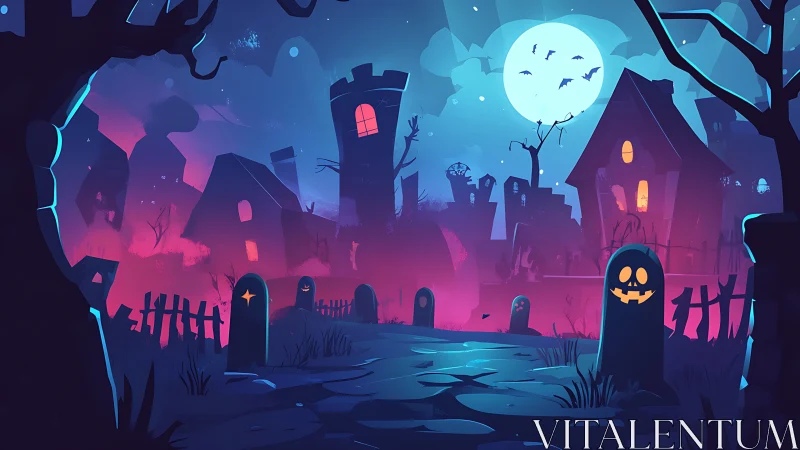 Moonlit haunted graveyard glowing with playful pumpkin grins.