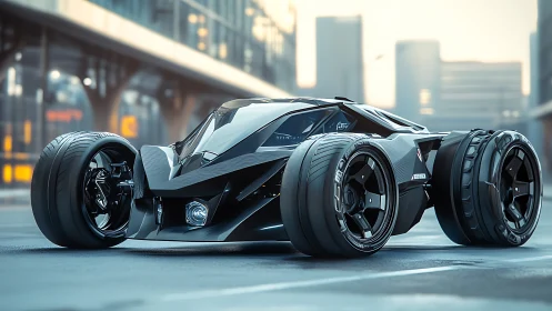 Futuristic quad-wheel hypercar on urban street at sunrise