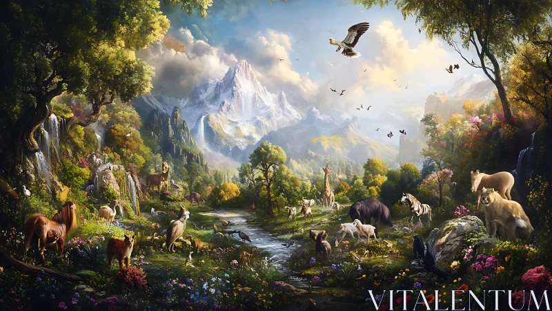 Digital panorama depicts diverse wildlife in a mountain valley