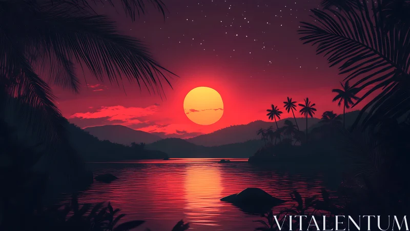 Crimson tropical sunset over calm palm-lined lagoon.