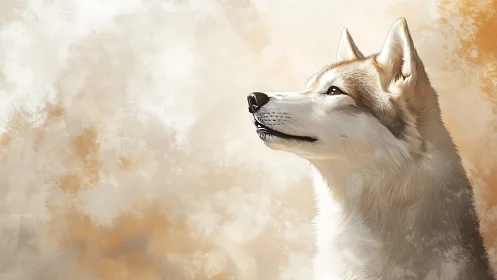 Gentle husky gazing toward soft golden light with calm hope.