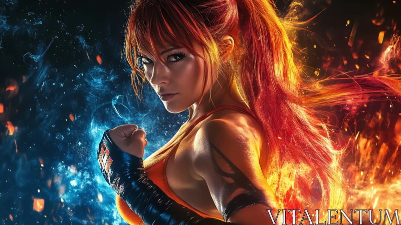 Blazing martial heroine punching through fire and frost worlds.