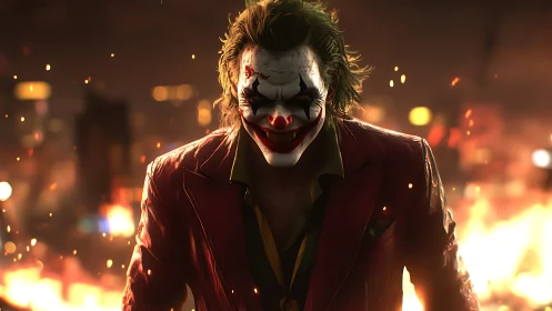 Sinister clown figure advances through blazing urban chaos