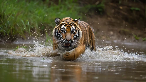 Powerful tiger charges through shimmering river water