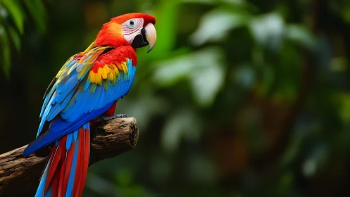 Vibrant Scarlet Macaw Perched in Lush Jungle, Nature Photography.