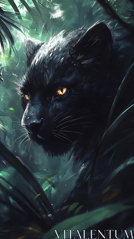 Black Panther's Luminous Gaze in Emerald Wilderness.