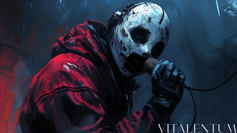 Masked vocalist in blood‑streaked hooded jacket performing.