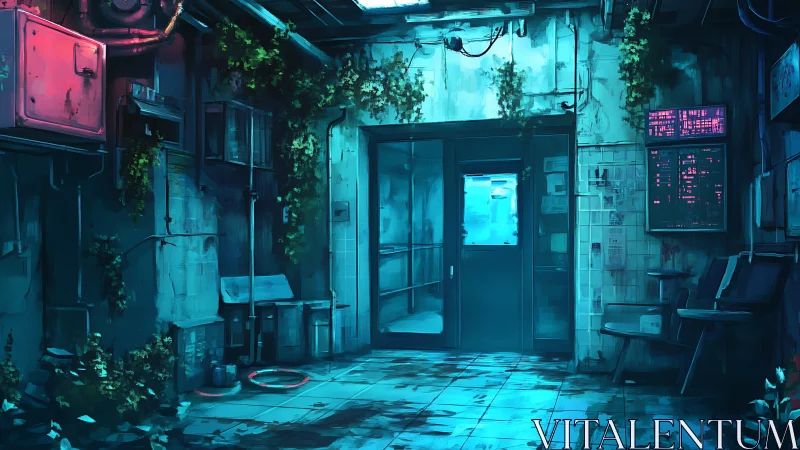 Abandoned neon corridor with overgrown cyberpunk doorway.