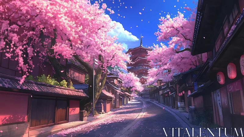 Sakura-lined Kyoto street with pagoda under vivid blue sky.
