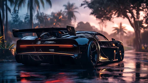 Midnight hypercar prowls through rainlit tropical asphalt