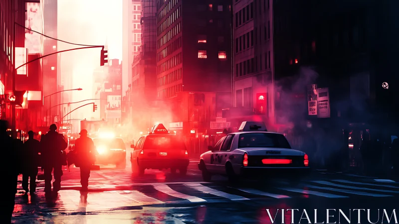 Spectral neon taxis navigating vaporous dusk city grid.