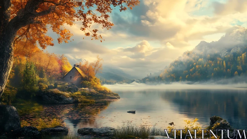 Autumn lakeside cabin glows beneath misty mountain sunrise.