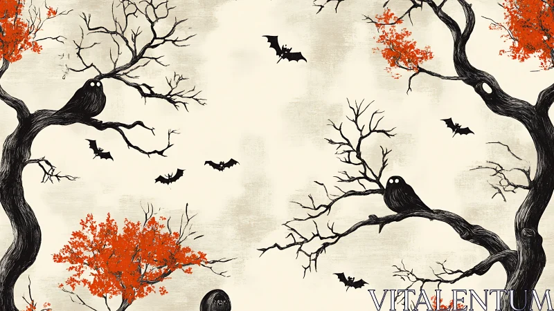 Graphically stylized Halloween forest with owls, bats and bare trees