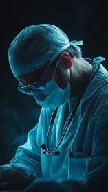 Dedicated surgeon bathed in calm blue light at work.
