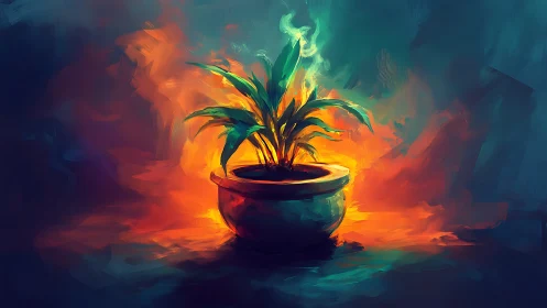 Luminous potted plant amid blazing abstract color field.