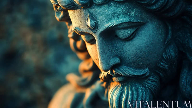 High-contrast close-up of weathered stone deity bust under raking light