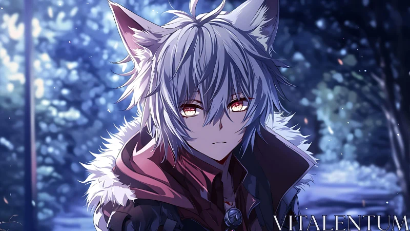 Wolf-eared anime wanderer under cold moonlit forest sky.