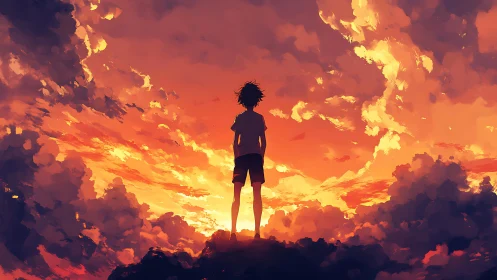 Silhouetted boy contemplates a blazing orange sunset sky