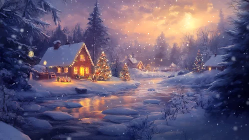 Snow-covered river settlement with illuminated cabins at dusk.