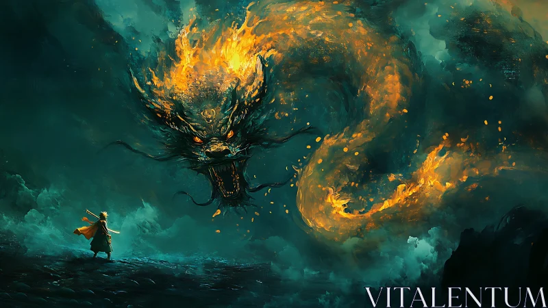 Stormlit warrior confronts blazing celestial dragon in mist.