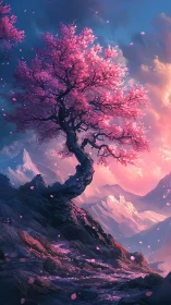 Solitary blossom tree over luminous twilight mountainscape.