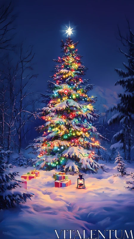 Snowy forest Christmas tree with glowing lights at night.
