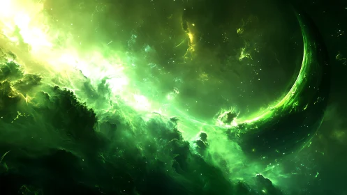 Green crescent planet within luminous cosmic nebula field.