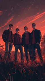 Twilight friends standing strong beneath glowing skies.