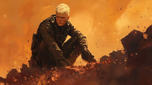 Blond soldier in tactical gear amid burning debris field.