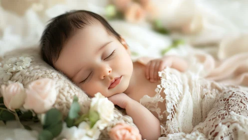 Sleeping infant arranged with pale roses and white lace fabric