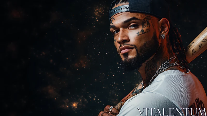 Starlit slugger with tattoos and attitude in cosmic glow.