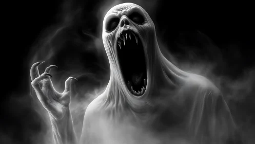 Spectral wraith screams amid swirling monochrome fog.
