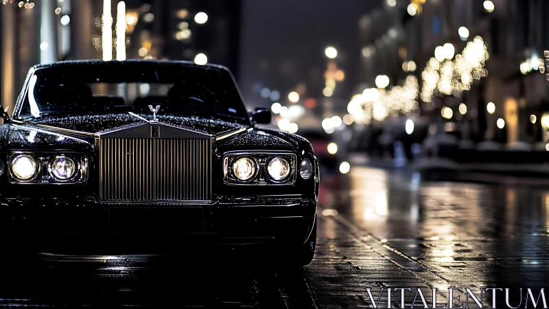 Luxury sedan on wet city street under night lights.