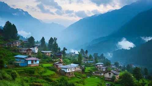 Misty mountain village over terraced green hills at dawn.