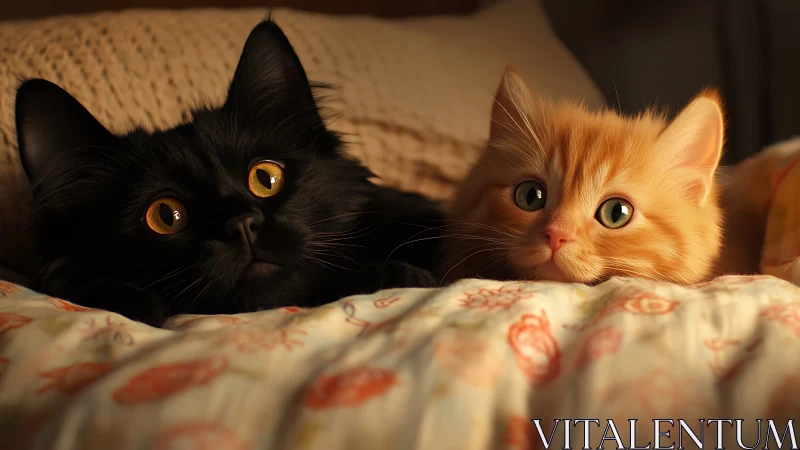 Feline Duo: Black and Ginger Cats on Patterned Bedding