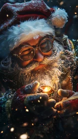 Gentle Santa cradling a tiny winter light in snowy magic.