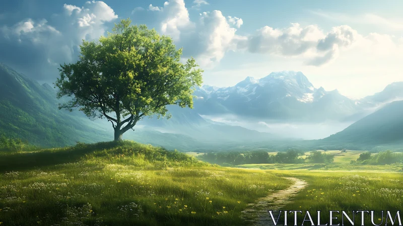 Lone hillside tree quietly conducts light across a vast valley