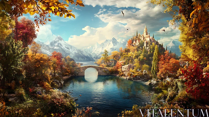 Golden autumn castle glows above a calm mountain river