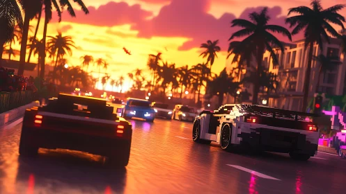 Voxel supercars chase sunset across neon-slick palm boulevard