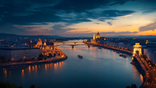 Budapest riverfront skyline glowing at blue hour dusk.
