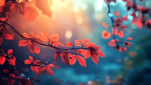 Vibrant autumn leaves on branch in soft dreamy light, nature art.