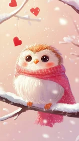 Small white owl in pink scarf on snowy branch at dusk.
