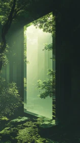 Luminous Portal Through Verdant Forest Revealing Light Source