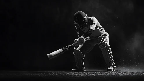 Cricket batter crouches low in dramatic stadium spotlight.